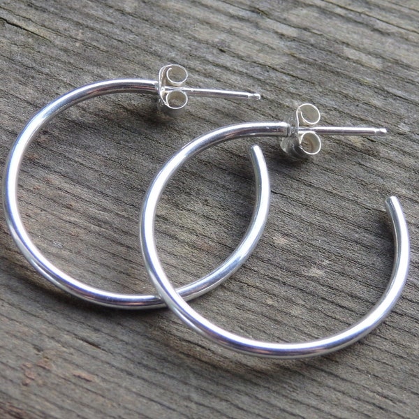 Sterling Silver Hoop Earrings with Post 1 Inch (25 mm) Diameter