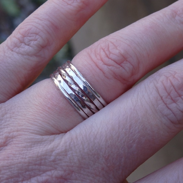 Set of Five Sterling Silver Stacking Rings. Hammered, Smooth and Twisted Bands.