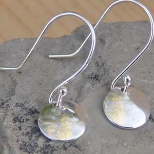 Small Sterling Silver Earrings with Round Disc Drops, Minimalist Jewellery, Mirror Finish Petite Earrings