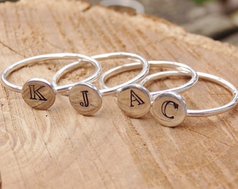 Sterling Silver Initial Stacking Ring, Double Line Font, Shadowed Font, Personalized Handstamped Ring, Made to Order