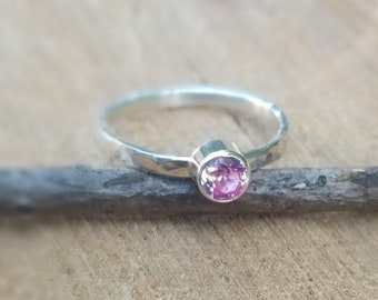 Sterling Silver Hammered Stacking Ring with Lab Created Pink Sapphire