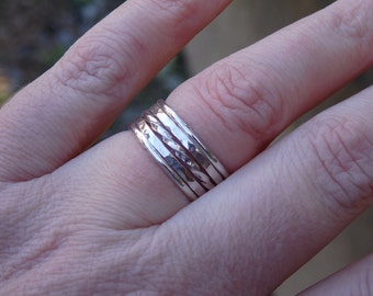 Sterling Silver Set Of 5 Stacking Rings. 2 Hammered, 2 Smooth and 1 Twisted Ring Band.