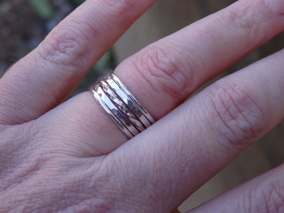 Set of Five Sterling Silver Stacking Rings. Hammered, Smooth and Twisted Bands.