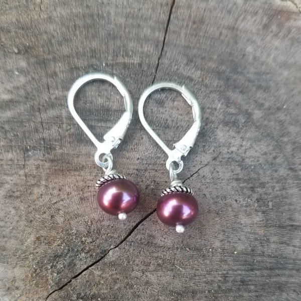 6.5-7 mm Cranberry Freshwater Pearl and Sterling Silver Leverback Earrings. Dainty and Simple Drop Earrings.