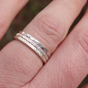 Set of Three Sterling Silver Stacking Rings with Textured Bands, Square Wire, Minimalist Jewellery