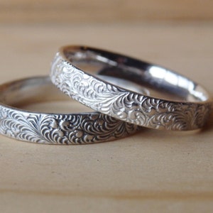 Sterling Silver Fern Textured Ring Band, Stackable Ring Made to Order, Feather Pattern