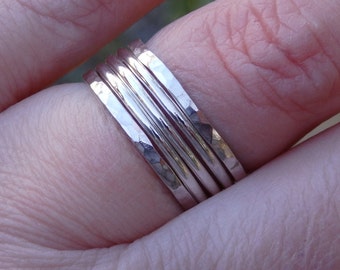 Set of Five Sterling Silver Stacking Rings. 2 Hammered and 3 Smooth Ring Bands.