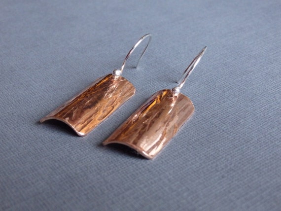 Hammered Copper Earrings - Bark Texture With Sterling Silver Earwires