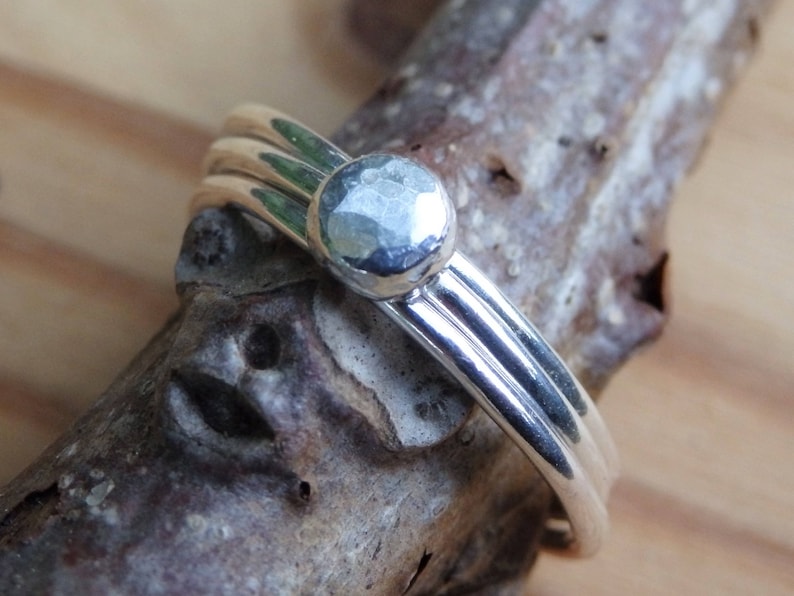 Single or Set Custom Size Stackable Rings Sterling Silver Stacking Ring with Hammered Faceted Nugget