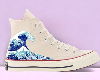 Personalize Handmade Painted Abstract Art Canvas Shoes High Top Chuck Taylor Custom Painted The Great Wave Sneaker Mother Day Gifts For Her