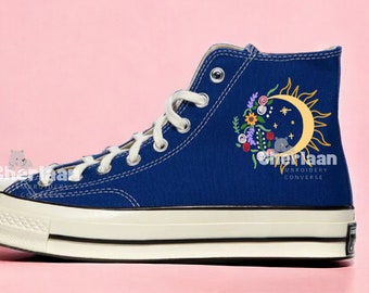 Personalize Embroidered Moon and Flowers Sneaker Chuck Taylor High Top Handmade Embroidered Moon Canvas Shoes Mother's Day Gifts For Her