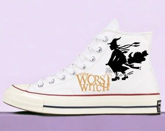 Personalize Painted Gothic Canvas Shoes High Top Chuck Taylor 1970s Custom Handmade Painted Witch and Flying Broom Mother's Gifts For Woman