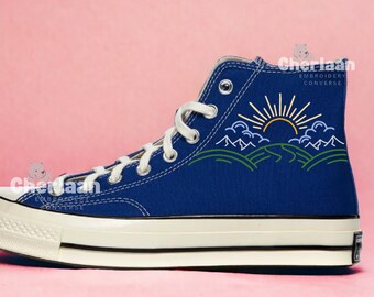 Personalize Embroidered Sun And Flowers Sneaker Chuck Taylor High Top Handmade Embroidered Sunrise Canvas Shoes Mother's Day Gifts For Her