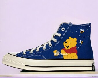 Personalize Handmade Painted Abstract Winnie Canvas Shoes High Top Chuck Taylor Custom Painted  Anime Yellow Bear Mother Day Gifts For Her