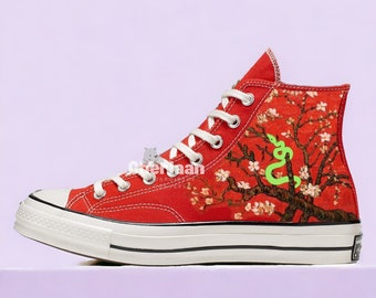 Personalize Painted Flowers Canvas Shoes High Top Chuck Taylor 1970s Custom Handmade Peach Blossom Flowers Mother's Gifts For Woman