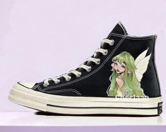 Personalize Painted Green Fairy Shoes High Top Chuck Taylor 1970s Custom Handmade Beautiful Girls Painted The Angel Mother's Gifts For Woman