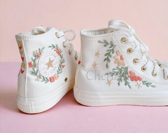 Wedding Gift Embroidery Shoes Chuck Taylor 1970s Daisy Embroidery Flowers Embroidered Shoes Custom Shoes High Top Canvas Gift for Her