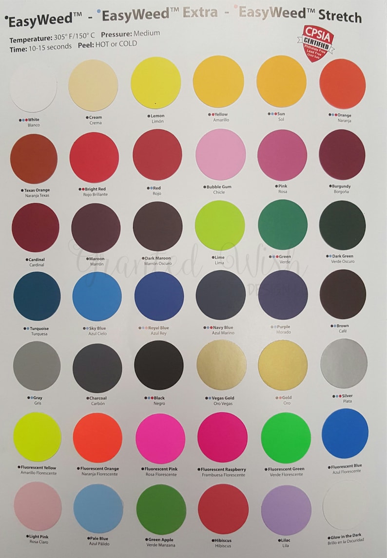 May include: A color chart with 36 different colored circles, each with a name and a Spanish translation. The chart is for EasyWeed heat transfer vinyl, which is used for creating custom apparel and crafts.