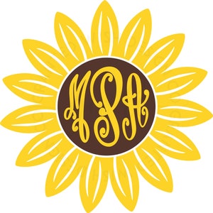 May include: A yellow sunflower with a brown center. The center has a monogram of the letters "M.S.A." in a cursive font.