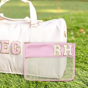 Clear Zipper Varsity Letter Chenille Patch Bag | Glitter Letter Zipper Bag | Custom Personalized Patches for Clear Colorful Zipper Pouch