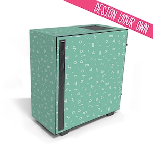 May include: A mint green computer case with a white geometric pattern. The case has a black front panel with a mesh grill.