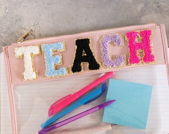 TEACH | Clear Zipper Varsity Letter Chenille Patch Bag | Glitter Letter Zipper Bag | Personalized Teacher Gift Colorful Zipper Pouch Bag