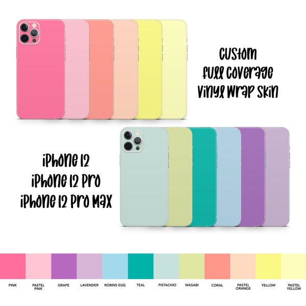 iPhone 12, Pro, Pro Max Phone Skin Pastel Solid Pink, Robins Egg, Teal, Lime, Coral, Sticker Decal Full Coverage for iPhone 12