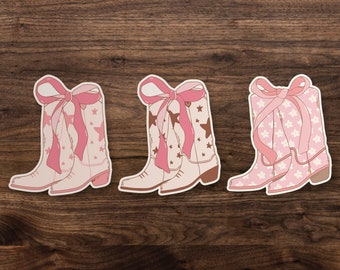 Coquette Pink Bow Cowgirl Boots Trendy Watercolor Sticker | Die-Cut Window, Skateboard, Car, Wall Decal, Laptop Vinyl Sticker