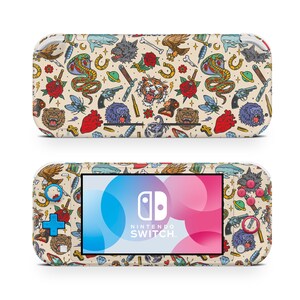 May include: A custom Nintendo Switch Lite skin with a colorful tattoo-style design featuring various symbols, animals, and objects. The design includes a tiger, a snake, a heart, a cross, a horseshoe, a skull, and a compass. The skin is compatible with the Nintendo Switch Lite.