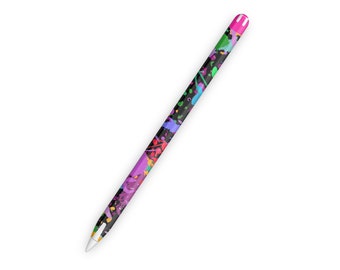 May include: A black Apple Pencil with a colorful paint splatter design. The design features various colors, including pink, purple, blue, green, and yellow.