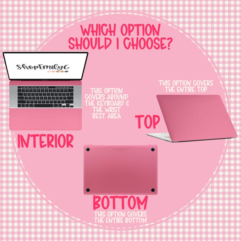 May include: Pink laptop case options are shown, including interior, top, and bottom views. Text reads "Which option should I choose?" and describes the coverage of each case style. The ShopEmilyG logo is visible.