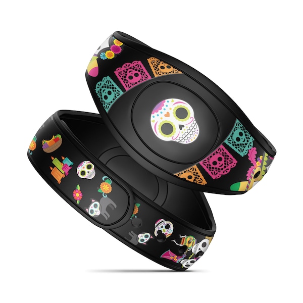 Black Skulls Día de Muertos Vinyl Decal Skin for Disney MagicBand+ and MagicBand 2.0 | Waterproof Magic Band Sticker Wrap