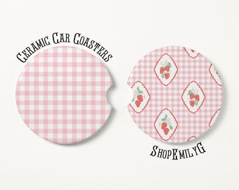 Strawberry Plaid Driver Gift Trendy Car Coasters Accessories Set