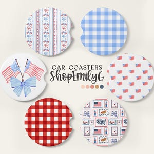 May include: A collection of car coasters with patriotic designs. The coasters feature patterns like American flags, gingham, and decorative stripes in red, white, and blue. The text "CAR COASTERS ShopEmilyG" is also visible.