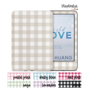 May include: A beige and white gingham pattern Kindle Paperwhite cover with the text "Twisted Love" and "Book One" on the screen. The cover is available in 10 different colors, including pastel pink, dusty blue, hot pink, sage, lavender, and black.