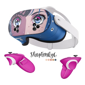 May include: A VR headset with a blue and white design, featuring an anime-style face on the front. Two pink controllers are below the headset. The text "ShopEmilyG" is also visible.