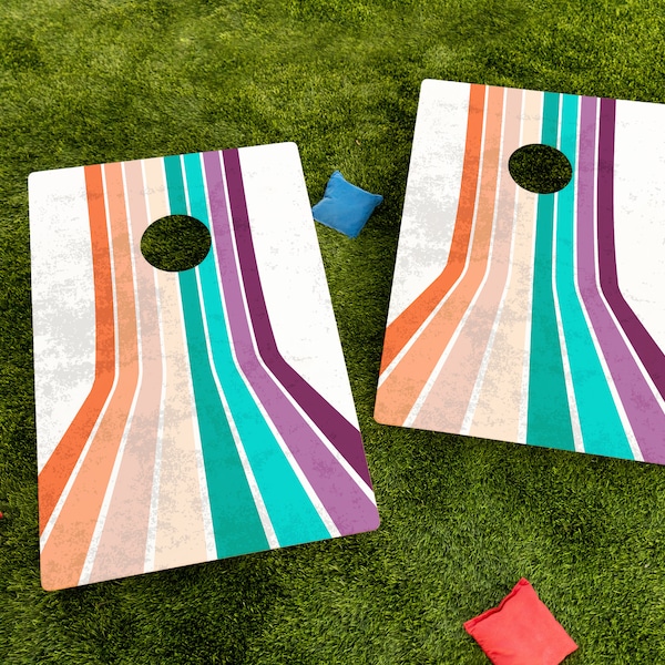 Cornhole Boards, rayures vintage des années 80, lot de 2 décalcomanies | Wraps pour jeux de pelouse Corn Hole | Mat, pailleté, phosphorescent