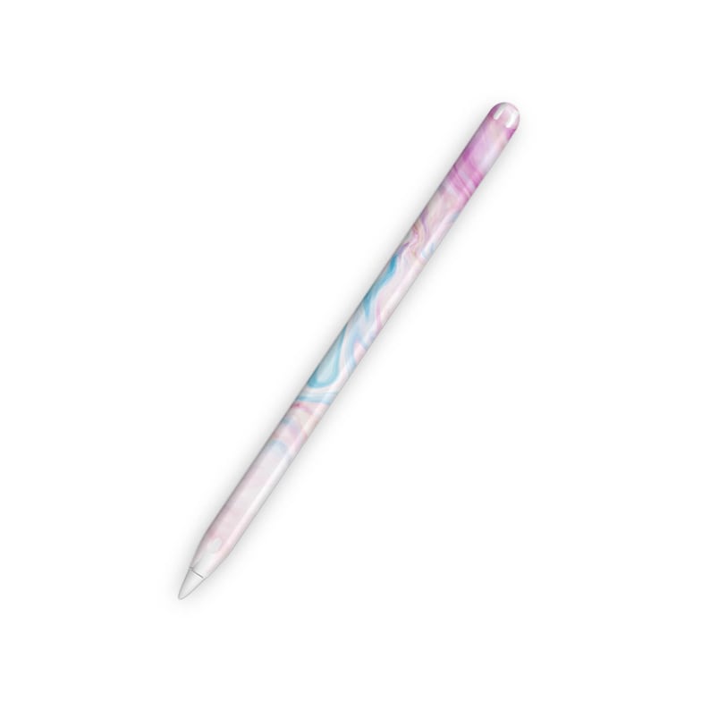 May include: A white Apple Pencil with a pink and blue marbled design.