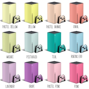 May include: A collage of 12 different coloured Xbox Series X consoles with matching controllers. The colours include pastel yellow, yellow, pastel orange, coral, wasabi, pistachio, teal, robin's egg, lavender, grape, pastel pink, and pink.