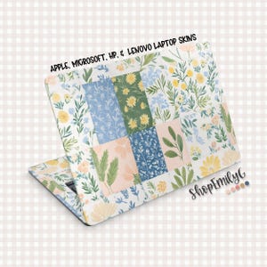 May include: Laptop skin with a floral patchwork design. The skin features a variety of flowers and leaves in pastel colors, including yellow, blue, and pink. The text "APPLE, MICROSOFT, HP, & LENOVO LAPTOP SKINS" is printed on the top.