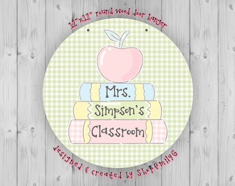 Grandmillenial Book Stack Wooden Teacher Hanging Sign for School Classroom Door