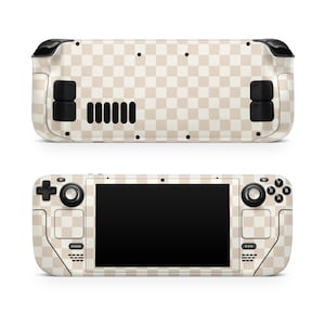 May include: A beige and white checkered skin for a handheld gaming console. The skin covers the front and back of the console, including the buttons and screen.