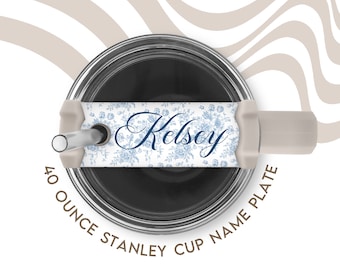 Blue Vintage Floral Tumbler Cup Name Plate for Stanley Cup | Name Tag for Tumbler Topper with Custom Print | Stanley Cup Accessories