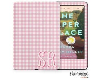 Pink Plaid Monogram Initials Kindle Skin Wrap For Amazon Fire, Paperwhite, Scribe, Kobo, Colorsoft
