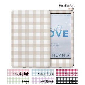 May include: An e-reader device featuring a beige and white gingham pattern case. The screen displays the book cover for Twisted Love by Ana Huang. Below the device, six color swatches show gingham patterns in pastel pink, dusty blue, hot pink, sage, lavender, and black.