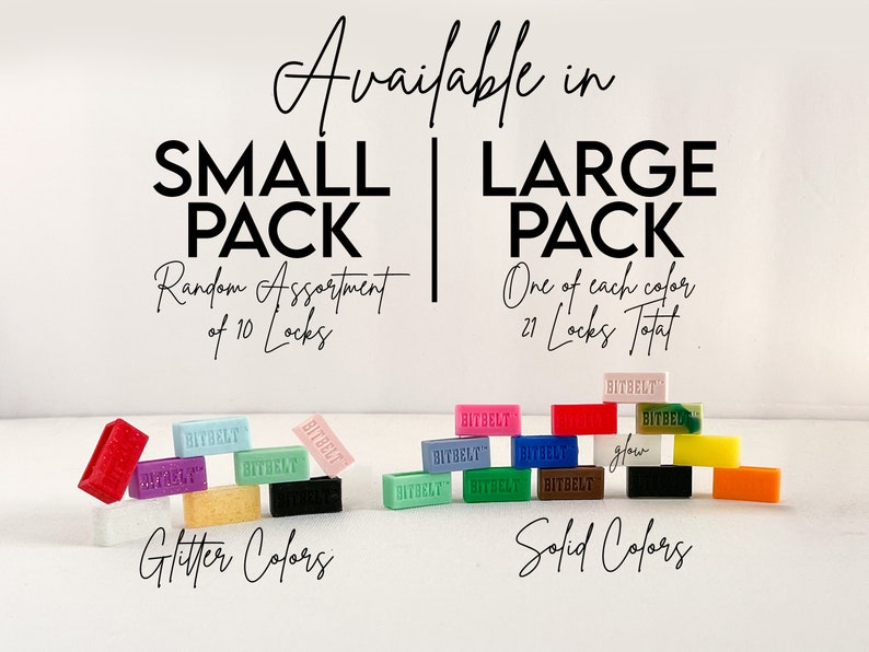 May include: Two rows of colourful plastic locks, labelled "Bitbelt". The top row is labelled "Small Pack" and "Random Assortment of 10 Locks". The bottom row is labelled "Large Pack" and "One of each colour 21 Locks Total". The top row has glitter colours and the bottom row has solid colours.