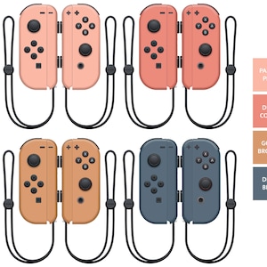 May include: Four pairs of Nintendo Switch Joy-Con controllers in different colors: pastel pink, deep coral, gold bronze, and deep blue. Each pair is attached to a black wrist strap.