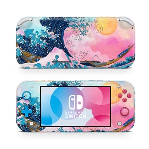 May include: A pink and blue Nintendo Switch Lite console skin with a Japanese wave design. The design features a large wave with a mountain in the background and a boat with people in it. The skin also has a sun and clouds.