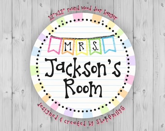 Colorful Rainbow Stripes Wooden Teacher Hanging Sign for School Classroom Door