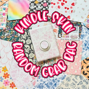 May include: A variety of colorful and patterned Kindle skin designs in a pink bag. The bag says "Kindle Skin Random Grab Bag" with the words "Skin from ShopEmilyG" on a smaller white label.